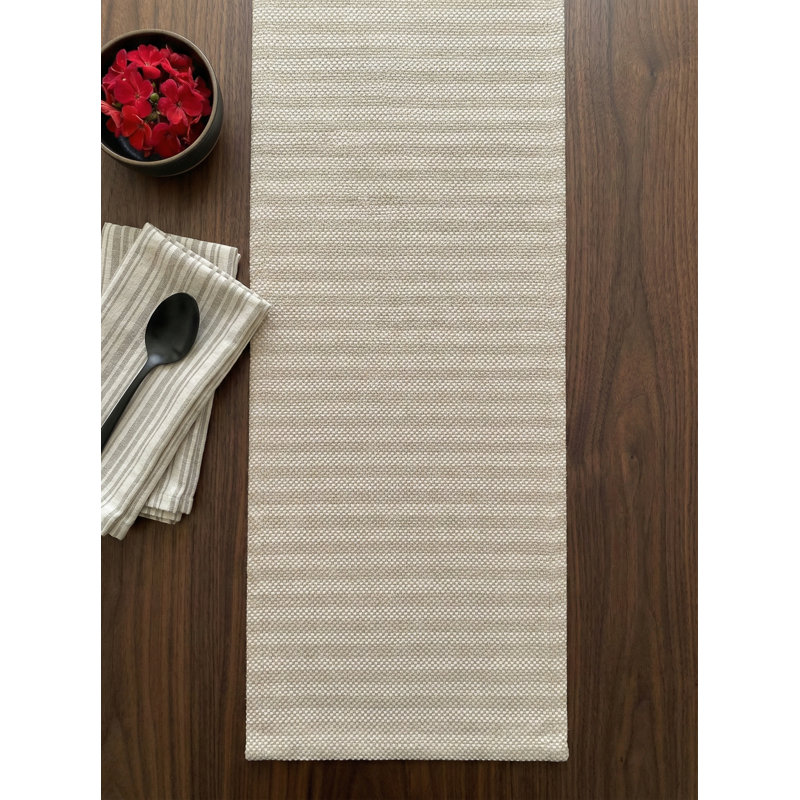 Sandy Beige Marina Stripe Indoor Outdoor Table Runner 14x72, Classic Gray