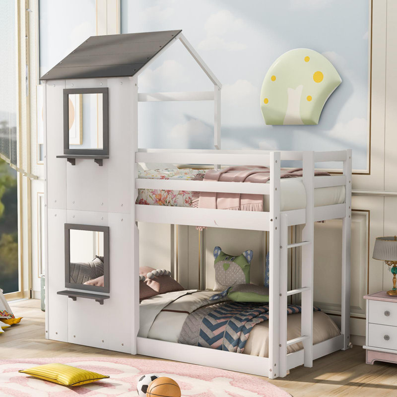 Lit superposé simple au-dessus d'un lit simple en bois avec toit, Blanc