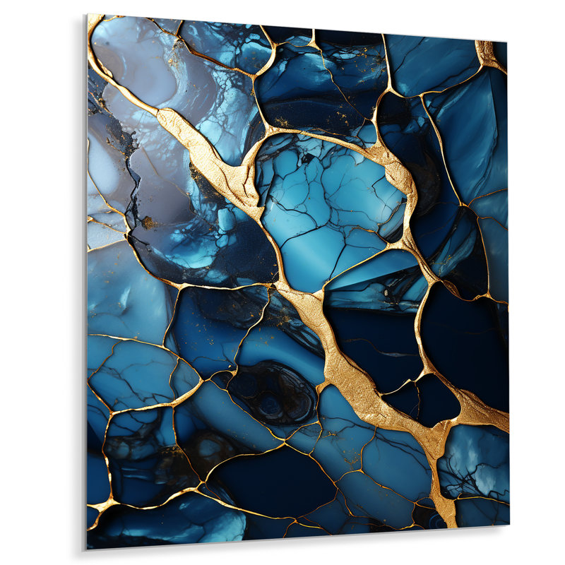 Or et saphir bleu marbré mosaïque V - impression abstraite d'art mural en métal, H 32 po x l 24 po x P 1 po