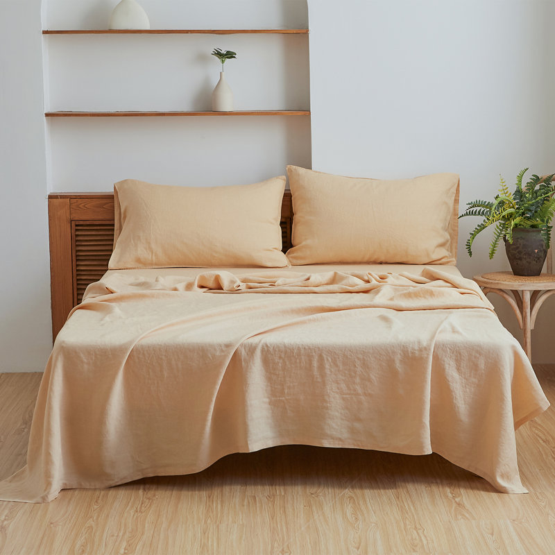 100% Linen Sheets Set, Queen Sheet Set with 2 Pillowcases, Sand