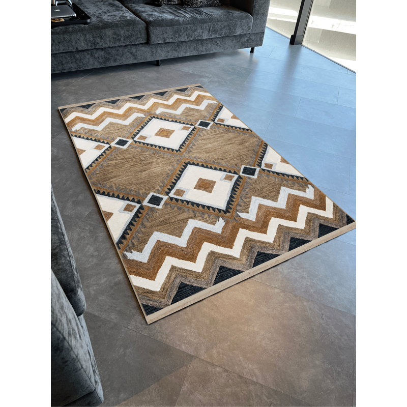 Tapis décoratif multicolore à motif géométrique à motif géométrique et à franges, Rectangle 3 pi 11,24 po x 5 pi 10,87 po