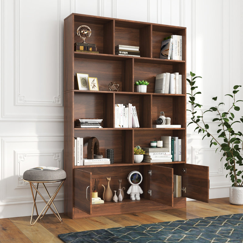 Tall Bookshelf With 10 Cubes And 3 Doors, 4-Tier Bookshelf, Open Shelf Bookcase With Cabinet, Modern Cube Storage Organizer For Living Room, And Office
