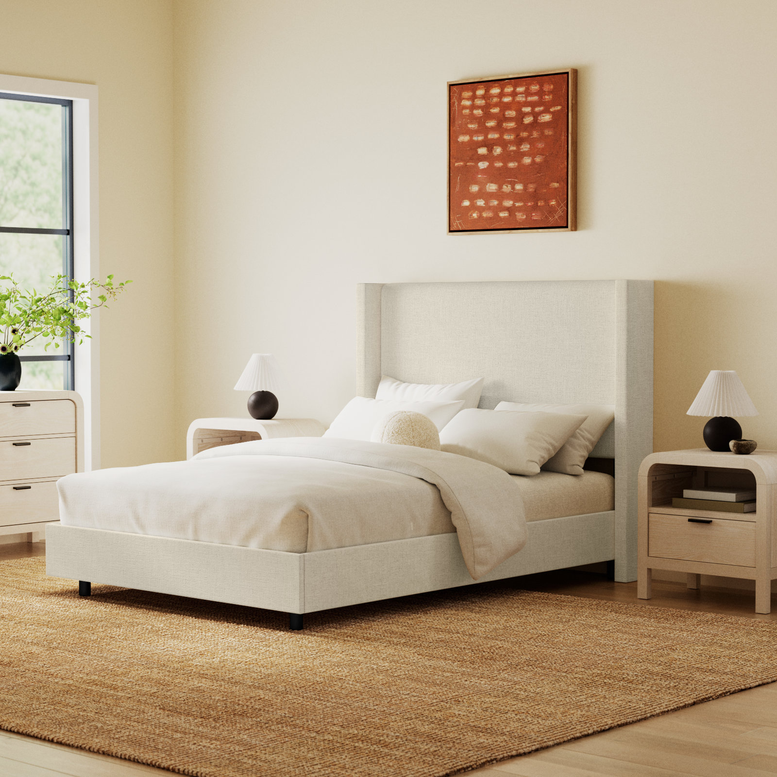 Hanson Upholstered Wingback Bed, Twin, Zuma Charcoal Textured Linen