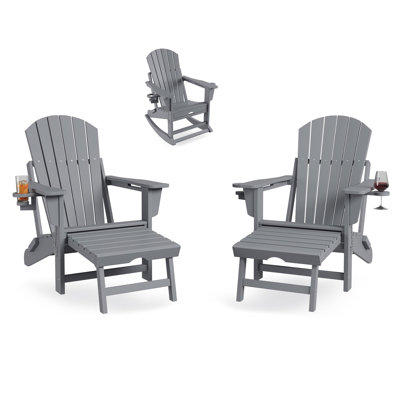 Ensemble de 2 chaises berçantes pliantes en PEHD Adirondack, chaises berçantes d'extérieur pour patio avec repose-pieds rétractable, porte-gobelets / porte-bouteilles, accoudoirs larges, dossier haut, assemblage facile, résistant aux intempéries pour le porche, le jardin et la pelouse