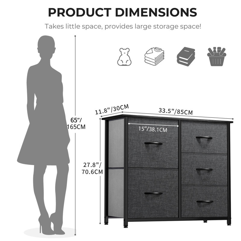 Errin 33.5'' W 5 - Drawer Dresser, Dark Gray/Black