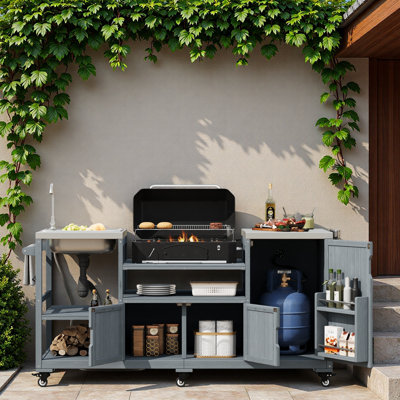 Outdoor Kitchen Island With Sink, Stainless Steel Top, Storage Cabinets, And Internal Storage Racks