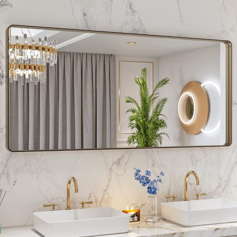 Miroir de salle de bain 60 po x 28 po en nickel brossé, cadre rectangulaire arrondi en métal argenté, nickel brossé, antirouille, incassable, suspendu horizontalement ou verticalement