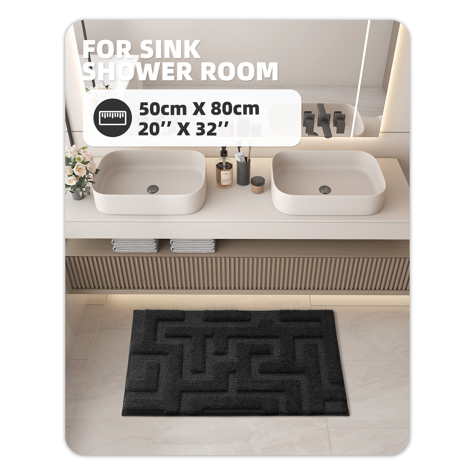 Non-Slip Bath Rug, Black, 20" L x 32" W