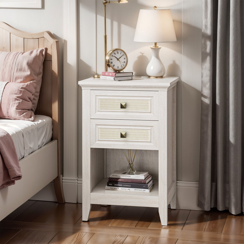 Azarius 27'' Rattan Nightstand With 2 Drawers, White, Individual