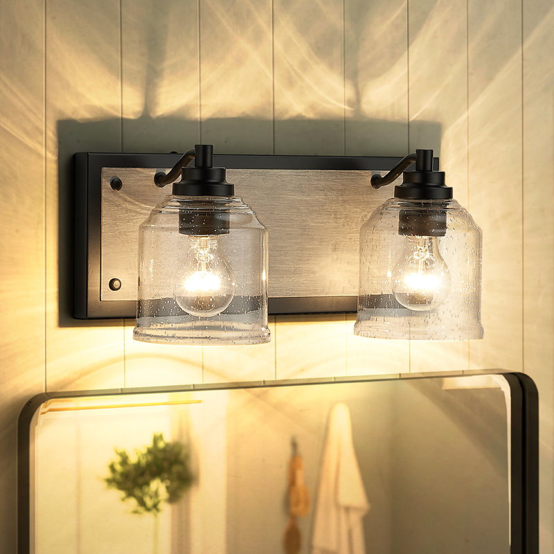 Luminaire de salle de bain à intensité variable à 2 lumières de style moderne 16 pouces avec verre ensemencé et contre-plaque grain de bois Modern Farmhouse