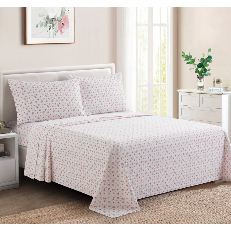 Ensemble de draps en coton à imprimé floral 4 pièces Marina, Ensemble de draps pour grand lit + drap-housse + 2