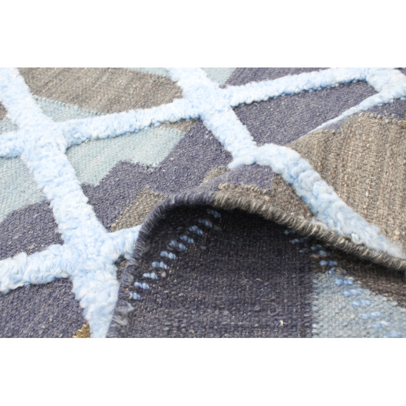 Tapis unique en laine noué à la main de style anatolien bleu / brun clair 5 pi 3 po x 6 pi années 2010 Phyllida