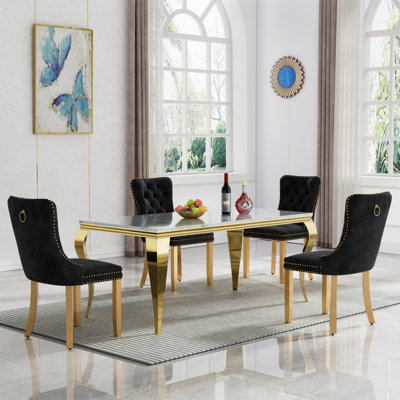 70" Luxury Faux Marble Dining Table Set, Modern Kitchen Table with Stainless Steel Pedestal, Modern Dining Room Table with Velvet Dining Chairs, Dinin by House of Hampton
