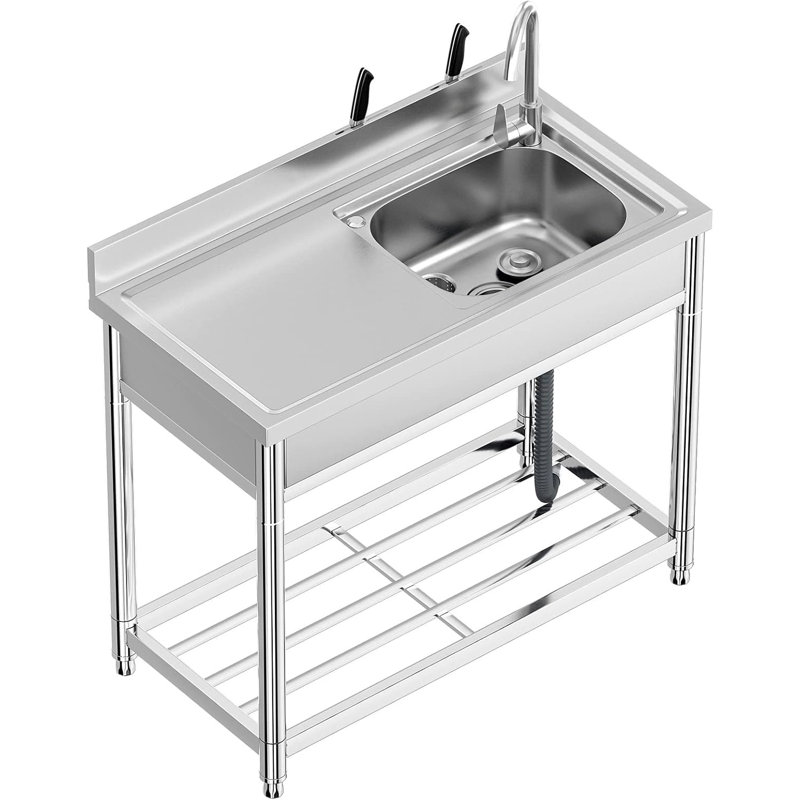 Stainless Steel Utility Sink Set w Single Bowl, Workbench & Storage Shelves, Freestanding Commercial Kitchen Sink w Cold and Hot Faucet & Drainboard for Restaurant Garden Farmhouse Garage