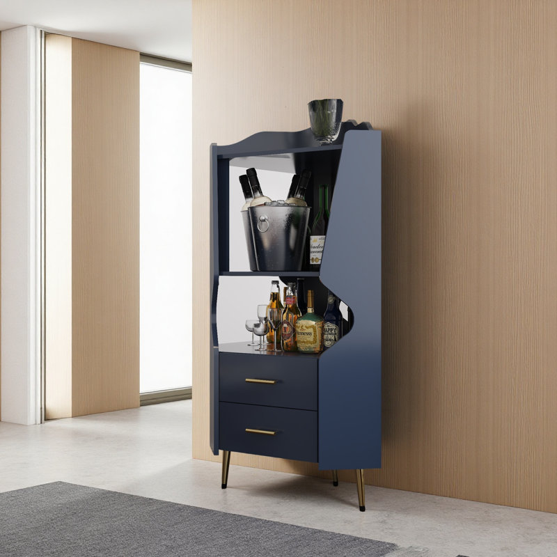 Wooden Corner Bar Cabinet With 2 Open Storage Shelves And 2 Drawers, Mirrored Back Sideboard Cabinet, High Feet/Legs For Easy Cleaning, Buffet Cabinet