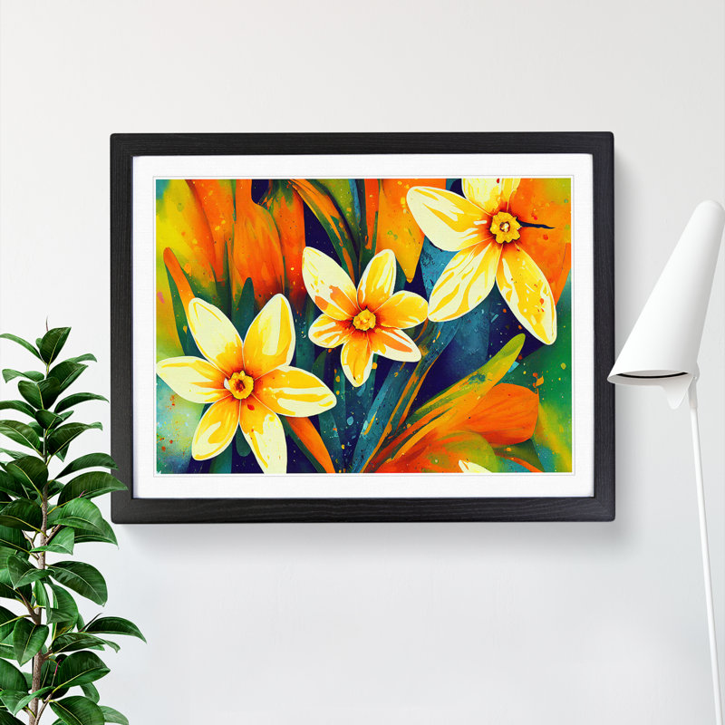 Daffodil Flower Splash Vol.3 Abstract - Single Picture Frame Print, 46cm H x 64cm W x 2cm D, Black
