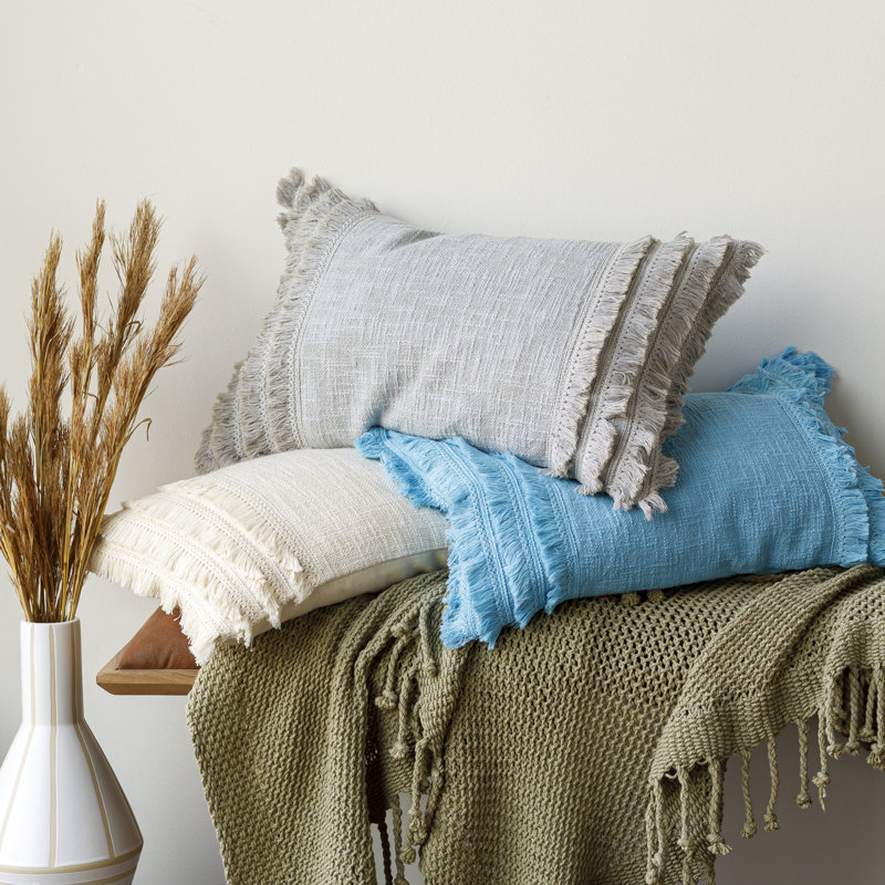 Fringed Cotton Pillow Cover, 18" x 18", Aqua