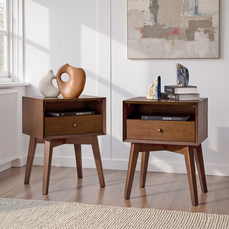Boneva 18"W Mid-Century Modern Solid Wood Nightstand with Built-In Outlets Set of 2, Walnut
