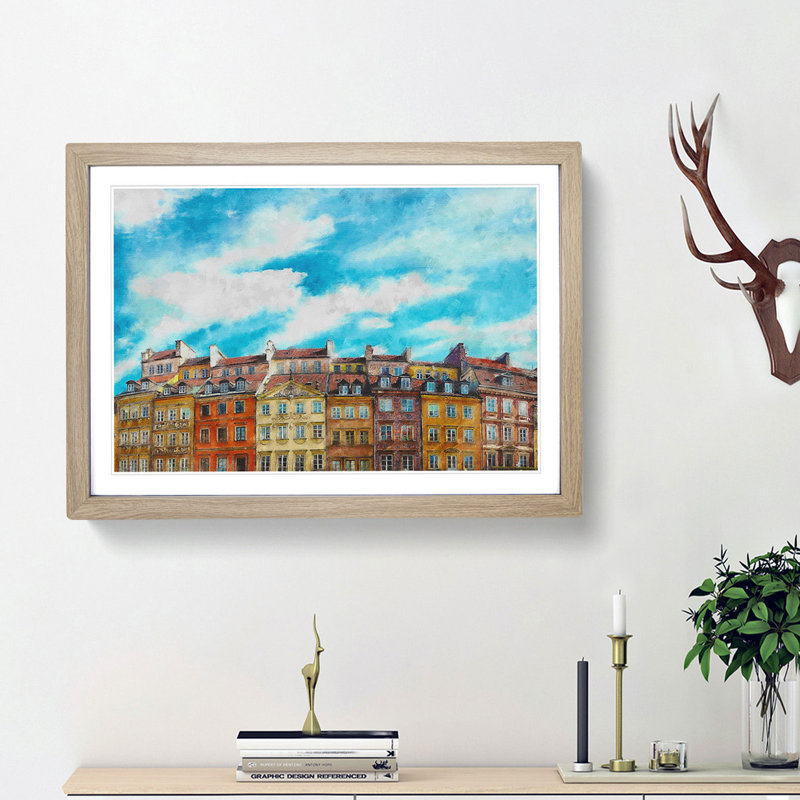 Warsaw Old Town in Poland - Picture Frame Painting Print, 62cm H x 87cm W x 2cm D, Oak Framed