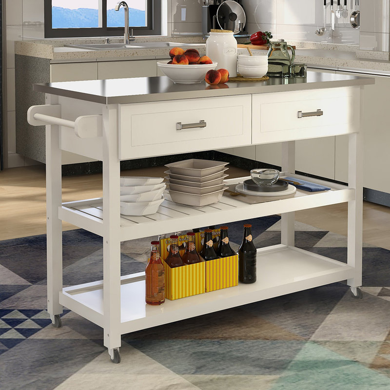 Stainless Steel Table Top White Kicthen Cart With Two Drawers