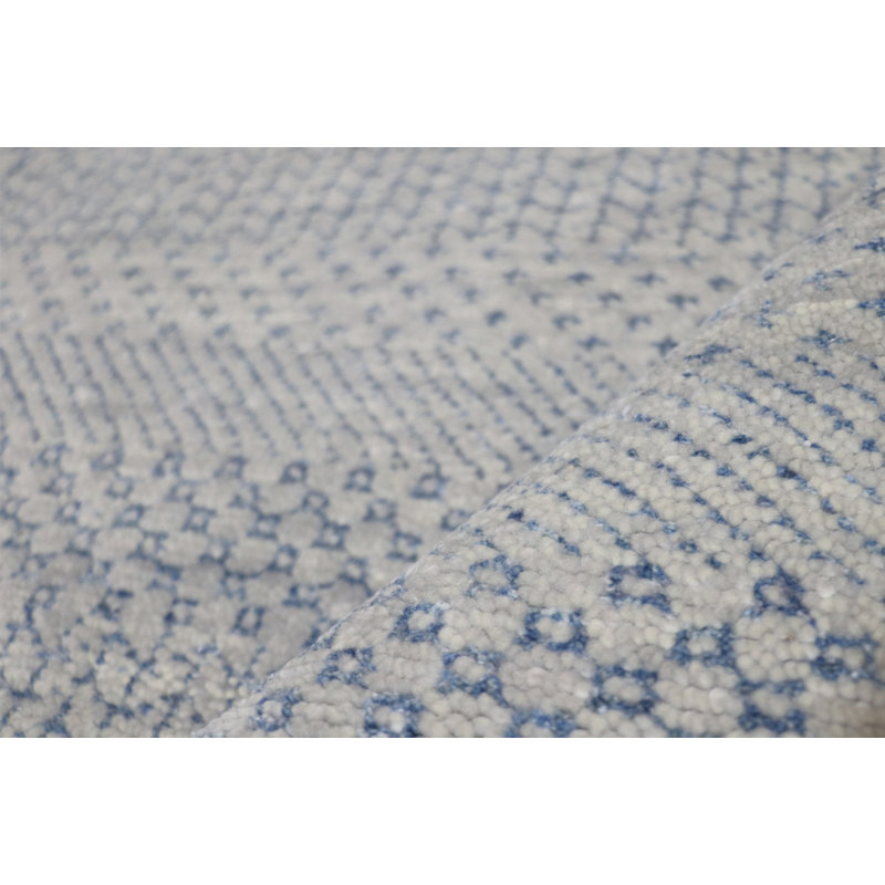 Hand-Knotted Wool/Silk Gray Area Rug, Rectangle 10' x 14', Blue/Silver