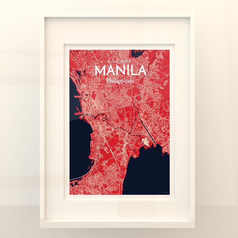 Manille, carte de la ville, impression, H 24 po x l 18 po, Rouge / Bleu marine