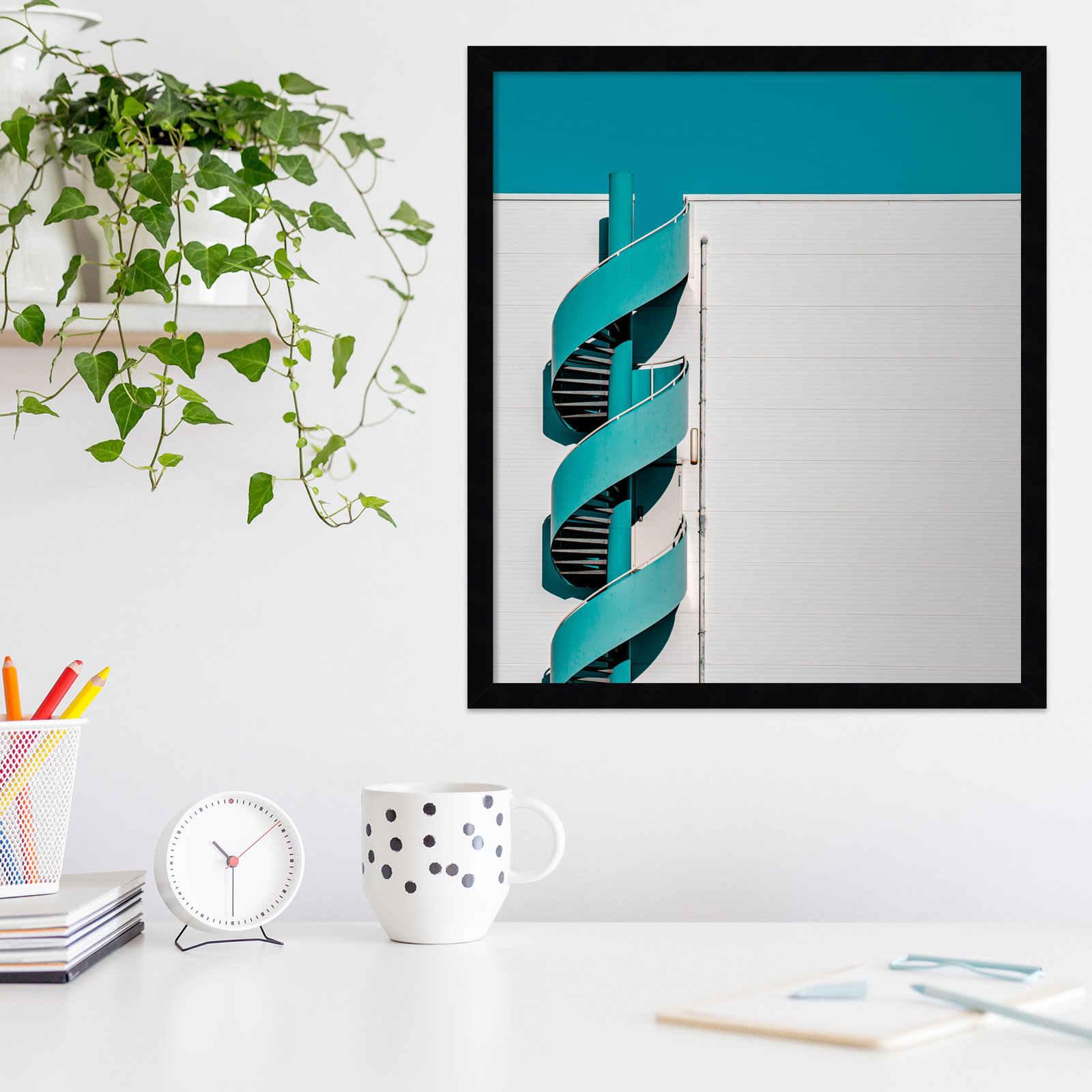 Spiral Staircase Teal Photo Print, Black, 21" H x 19" W x 1" D