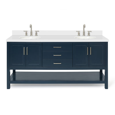 Magnolia 73" Double Bathroom Vanity in Midnight Blue, with 1.5 Pure White Quartz Top, Oval Sink