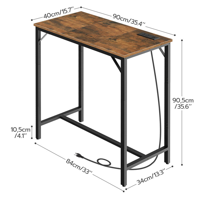 35.4" Bar Table with Charging Station, Rustic Brown/Black