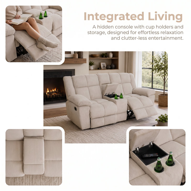 Causeuse inclinable électrique moderne en tissu blanc cassé avec sièges moelleux, dossiers de soutien et console centrale