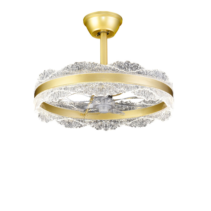 20" Double Ring Mountain Texture Ceiling Fan with Lights, Modern Invisible Blade Fandelier with Frosted Glass Shade, Luxury Flush Mount LED Chandelier Fan for High-End Living Room（Bulbs Included）