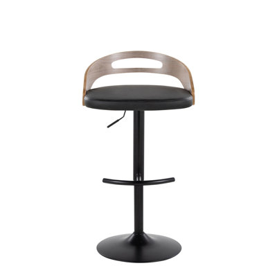Adjustable Barstool With Swivel In Chrome Metal, Light Grey Wood And Black Faux Leather With Round T Footrest - Set Of 2