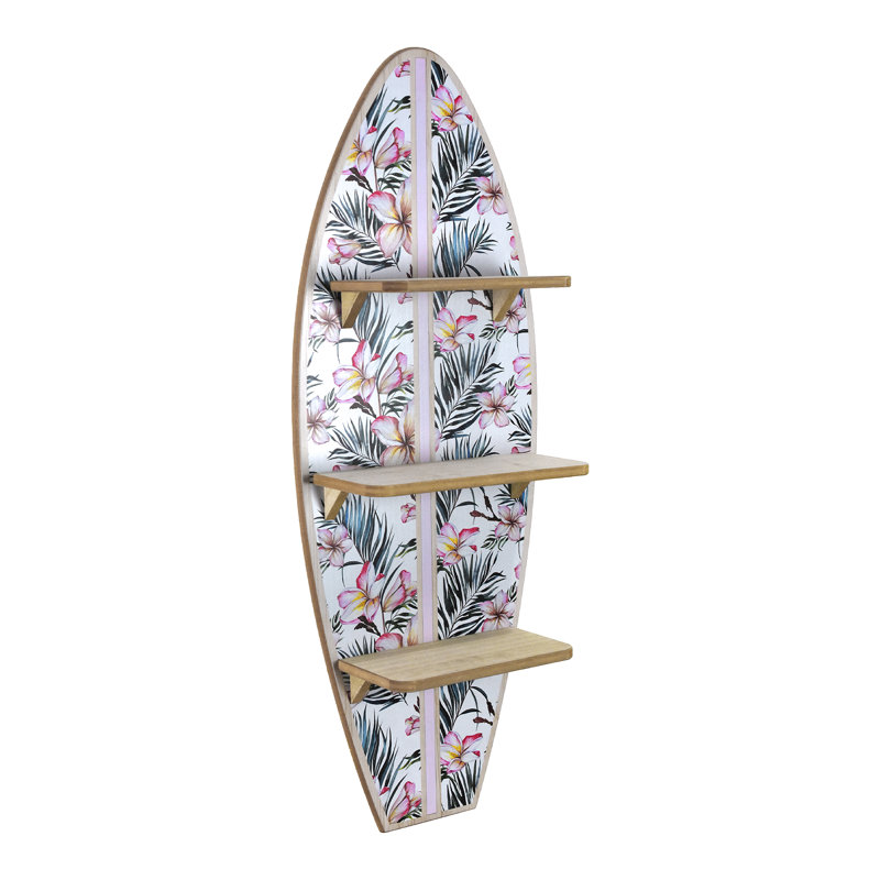 Tropical Surfboard Wall Shelf with Flowers & Palm Leaves