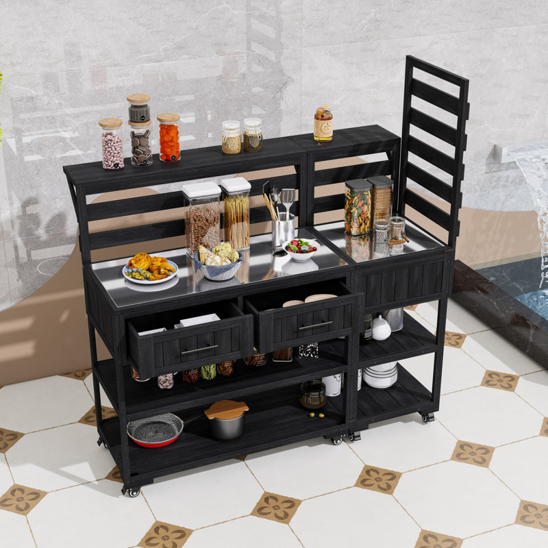 Îlot de cuisine pour patio avec plateau, tiroirs et tablettes, Noir