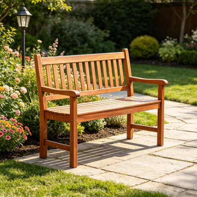 50" Solid Wood Outdoor Patio Bench with Backrest and Armrests