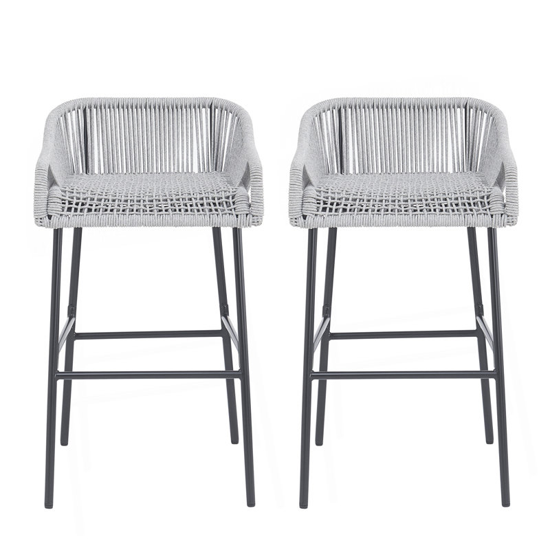 Tabouret de bar d'extérieur en corde gris clair, ensemble de 2