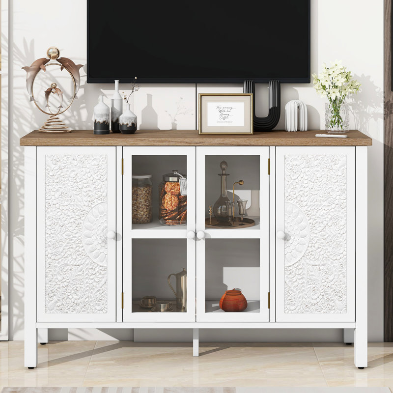Meuble audio-vidéo de style rétro de 47,2 po, compatible avec les téléviseurs de 43 po, 3 armoires, portes en verre, pratique et orné