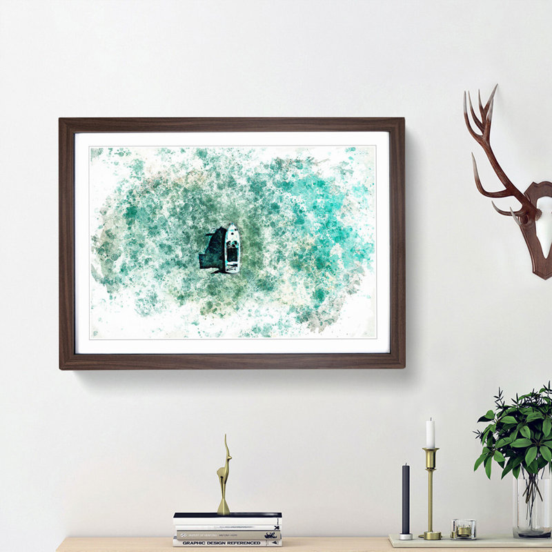 Boat in the Open Water in Abstract - Picture Frame Painting Print, 27cm H x 36cm W x 2cm D, Walnut Framed