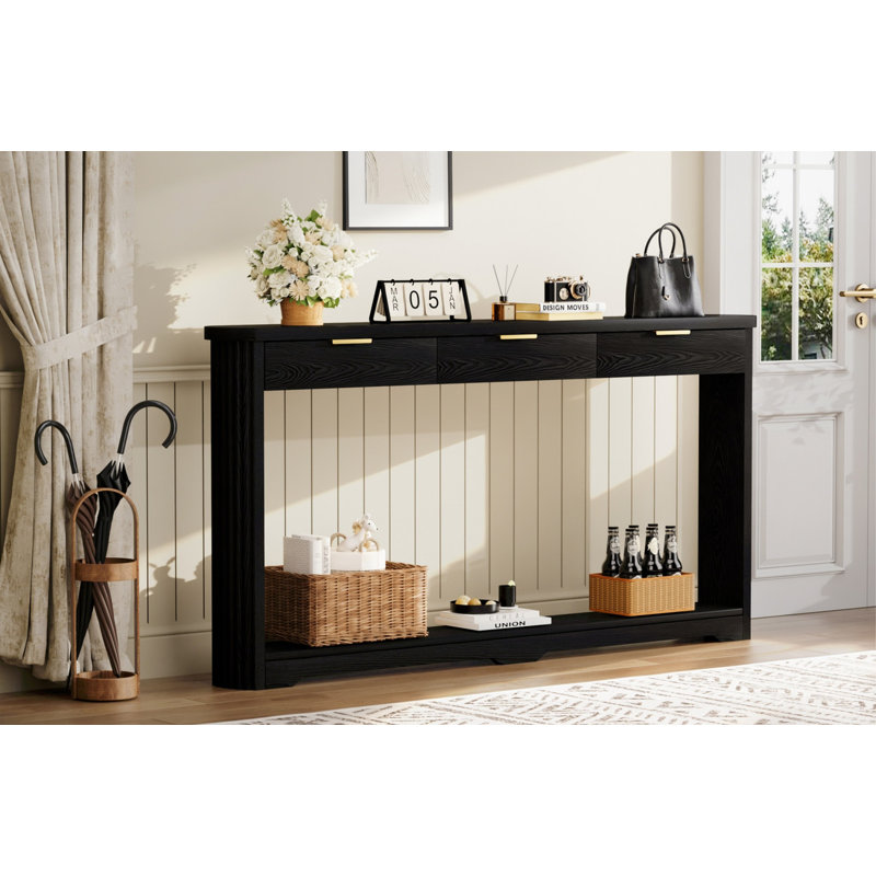 Console de rangement noire à motif ondulé 70,1 po avec tiroirs, table d'appoint mince en bois pour le vestibule, le couloir et la porte (L 70,1 po x l 8,7 po x H 35,5 po)
