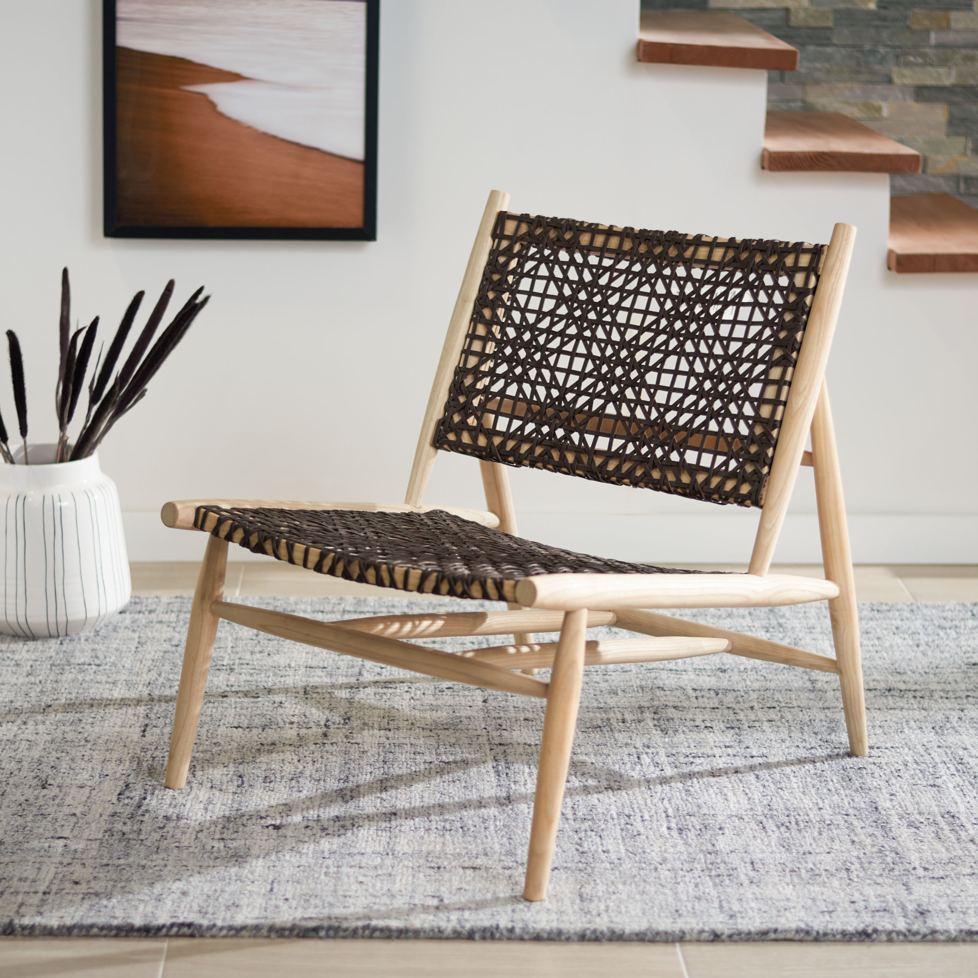 Kazbah Upholstered Side Chair, Brown Genuine Leather/Natural Legs