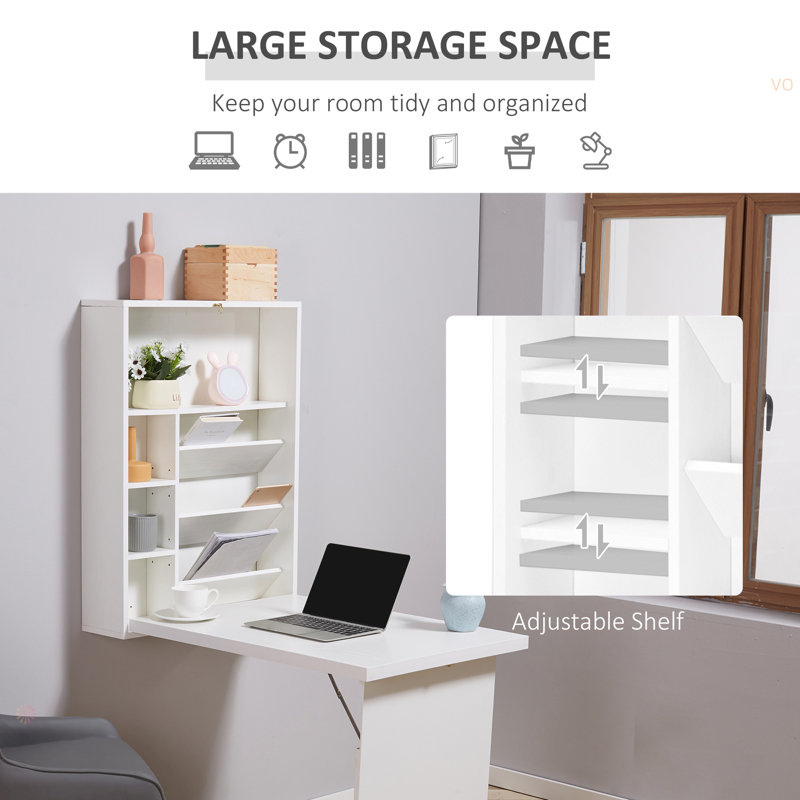 Wall Mounted Fold Out Convertible Desk, Multi-Function Floating Desk With Storage Shelf For Home Office