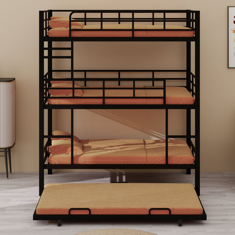 Solid Metal Triple Bunk Bed With Trundle Guardrail ,Ladder And Trundle, Black