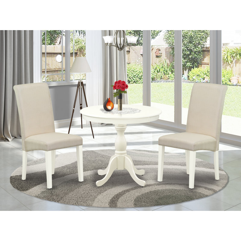 3 Piece Dining Room Set Includes 1 Pedestal Table and 2 Cream Linen Fabric Kitchen Chairs with High Back - linen white Finish