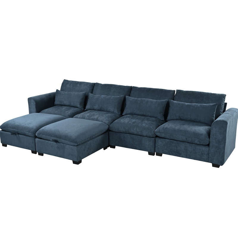 Modulaire en U avec repose-pieds avec rangement, lin bleu, l 132,3 po x H 61 po et 32,3 po, pour coin de Négociations bleues, mélange de lin