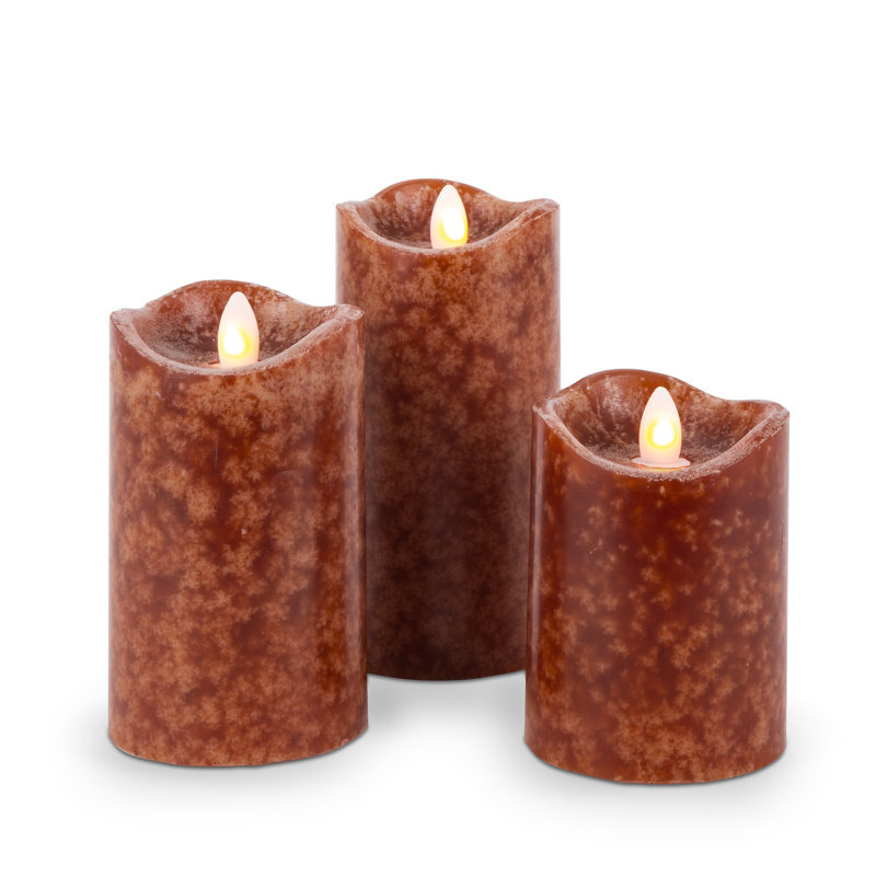 Set Of 3 Ivory Led Pillar Candles With Aurora Flame And Remote, Brown