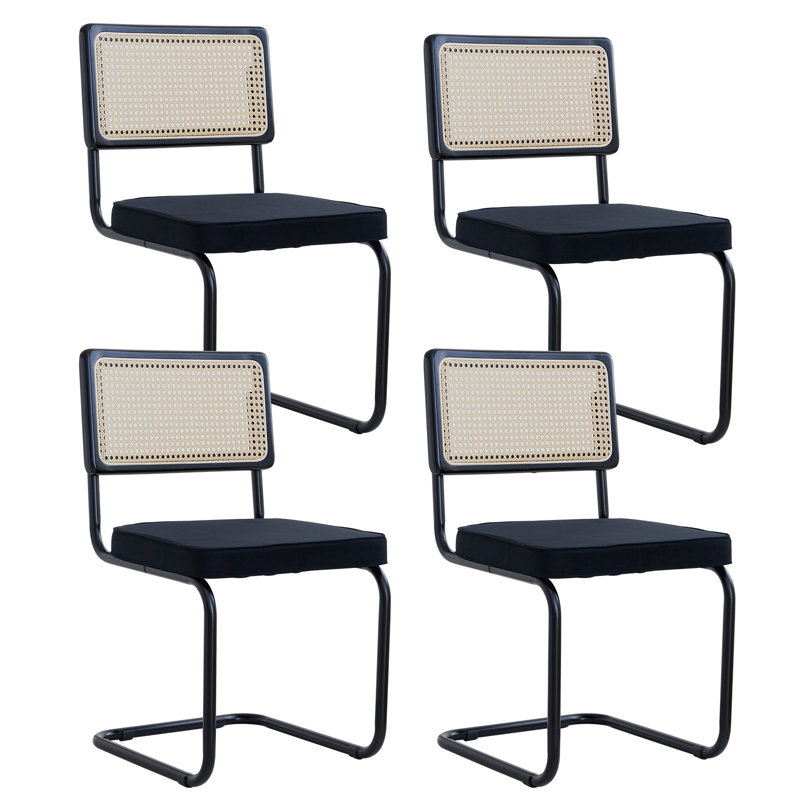 Chairs - Scandinavian Velvet Dining Chair - Rattan Back Chair - Metal Legs, 4, Black-1