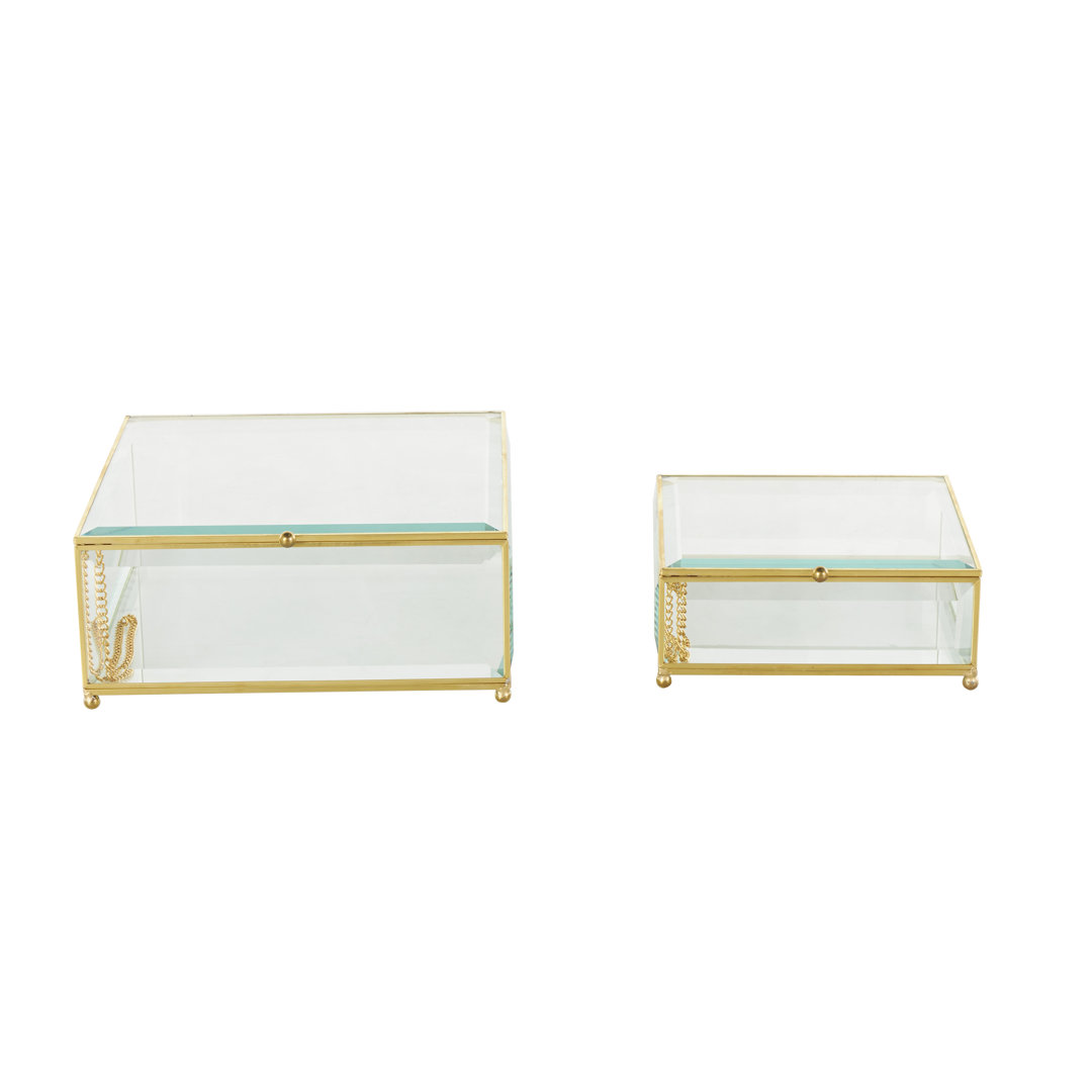Glass Beveled Decorative Clear Jewelry Box with Gold Metal Frame and Chain Accent Set (Set of 2) Mercer41