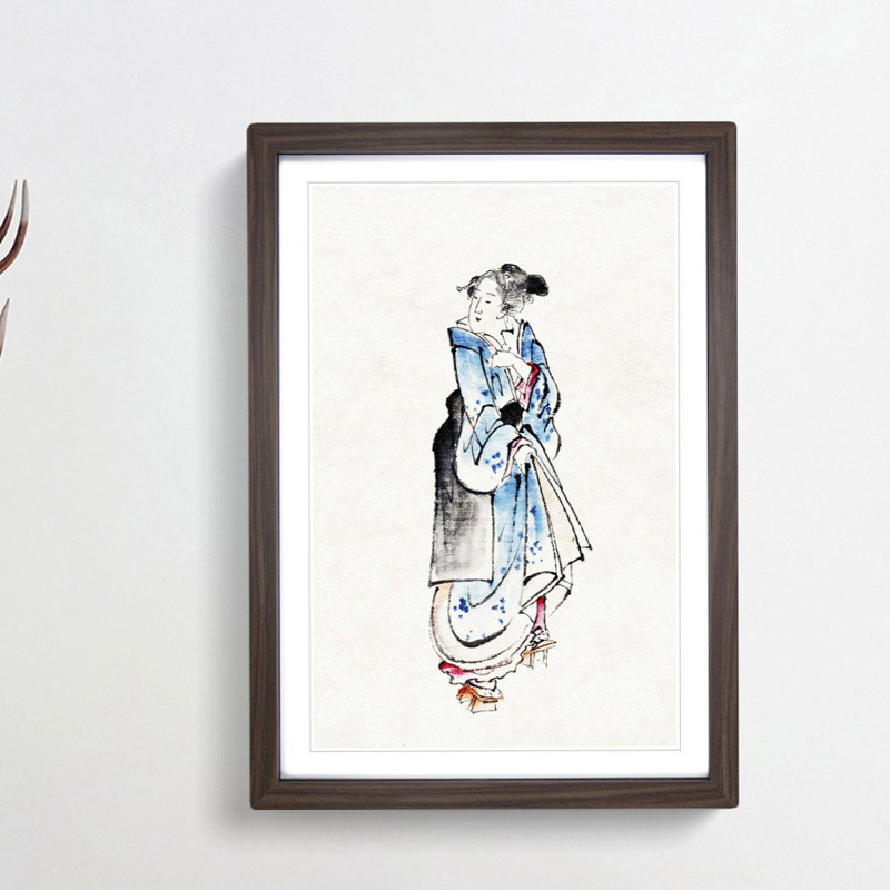 Walking Woman by Katsushika Hokusai - Picture Frame Painting Print, 48cm H x 36cm W x 2cm D, Walnut Framed