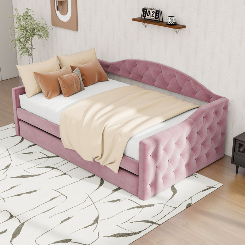 Upholstered Daybed with Trundle and USB, Pink