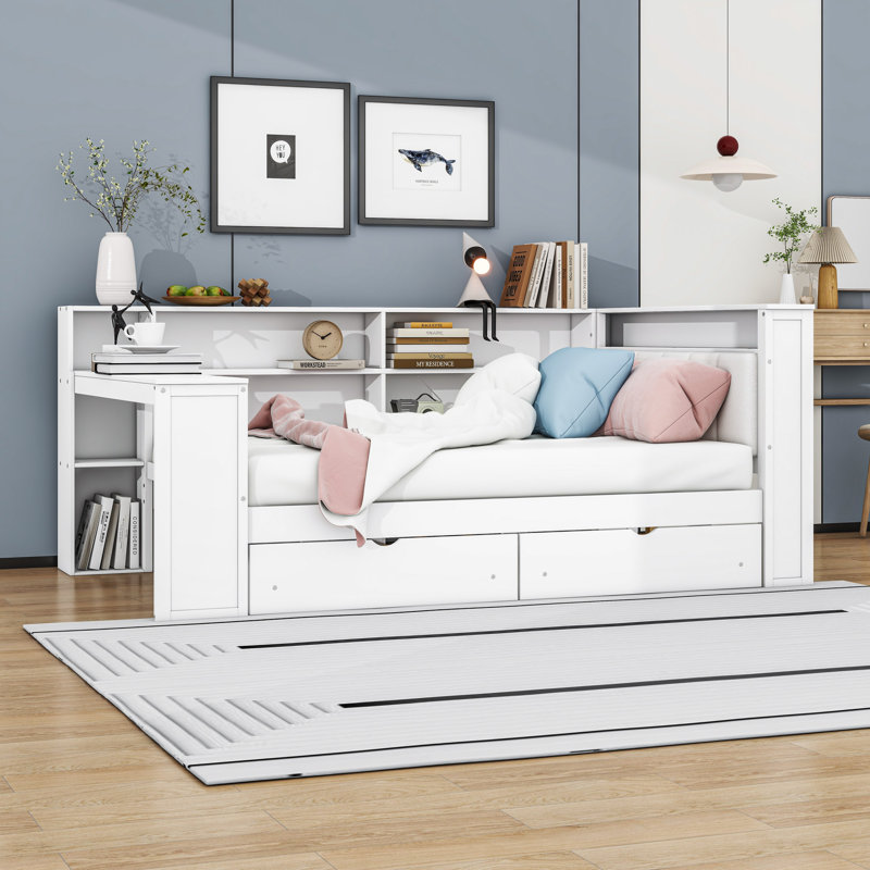 Wood Daybed with Shelves, Drawers, Charging Station, LED and Desk, Full/Double, White 